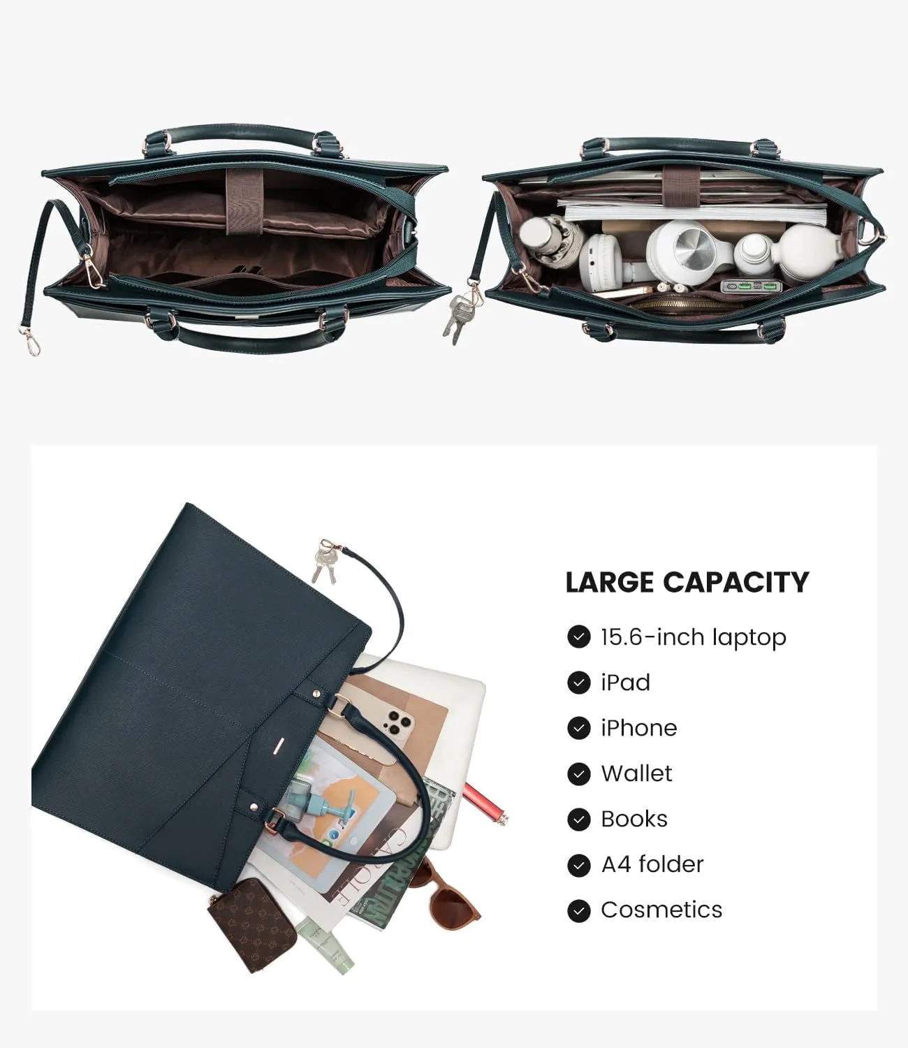 LOVEVOOK Laptop Tote Bag for Women, Leather Business Office Work Bag Computer Briefcase with Small Clutch fit for 15.6 Inch Laptop Green