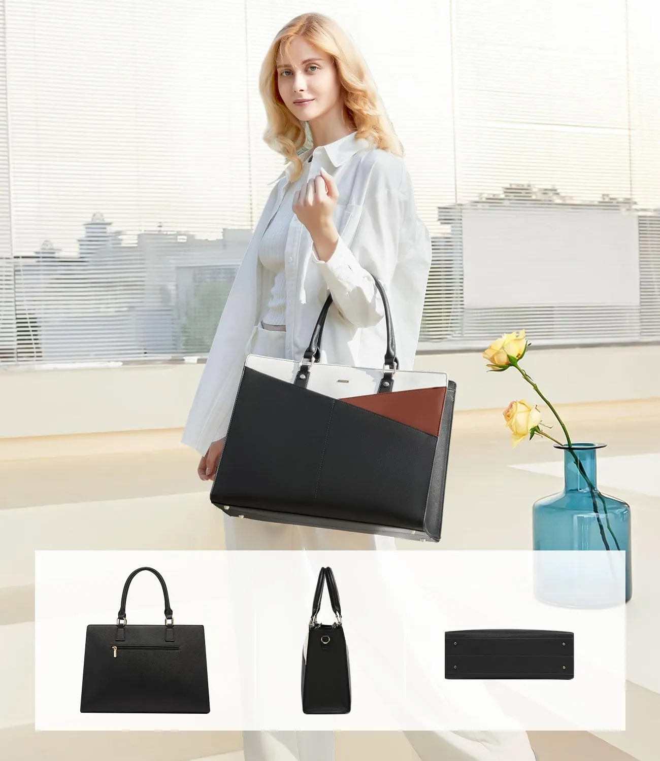 LOVEVOOK Laptop Tote Bag for Women, Leather Business Office Work Bag Computer Briefcase with Small Clutch fit for 15.6 Inch Laptop,Black-Brown-Beige