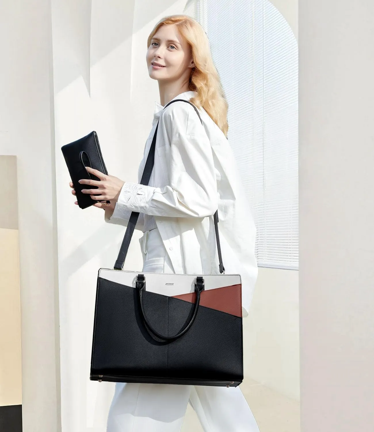 LOVEVOOK Laptop Tote Bag for Women, Leather Business Office Work Bag Computer Briefcase with Small Clutch fit for 15.6 Inch Laptop,Black-Brown-Beige