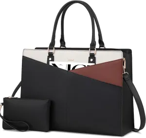 LOVEVOOK Laptop Tote Bag for Women, Leather Business Office Work Bag Computer Briefcase with Small Clutch fit for 15.6 Inch Laptop,Black-Brown-Beige