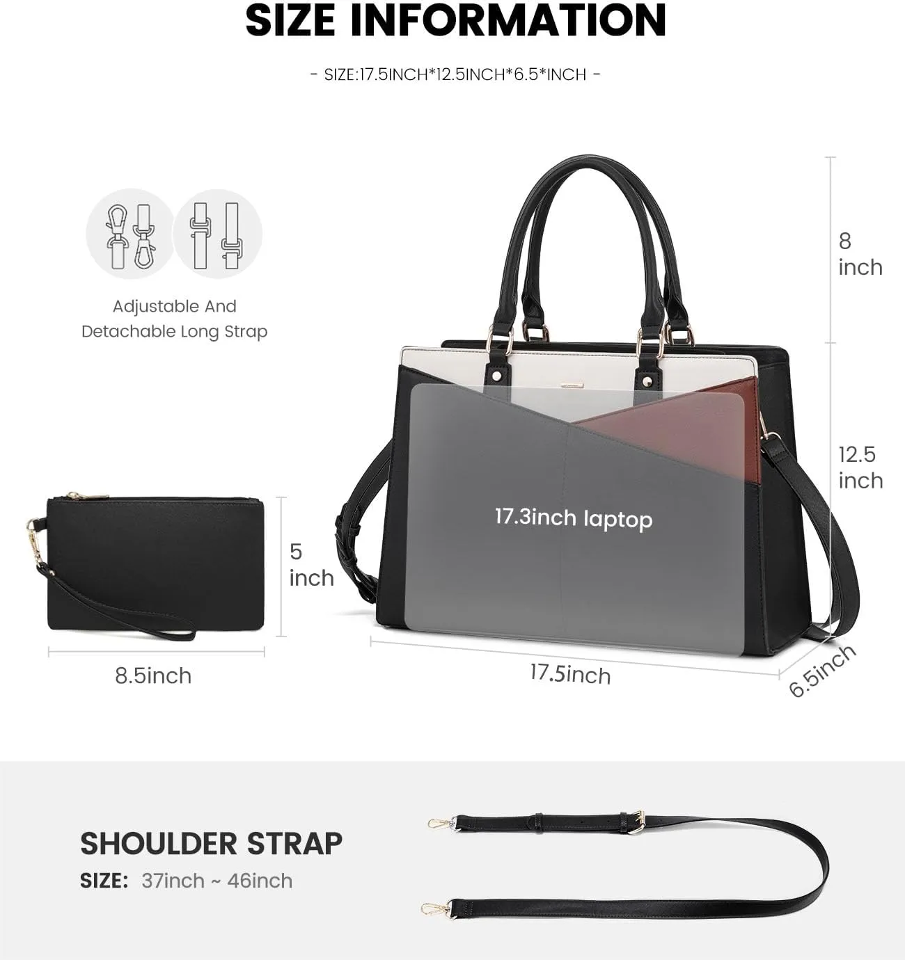 LOVEVOOK Laptop Tote Bag for Women, Leather Business Office Work Bag Computer Briefcase with Small Clutch fit for 15.6 Inch Laptop,Black-Brown-Beige