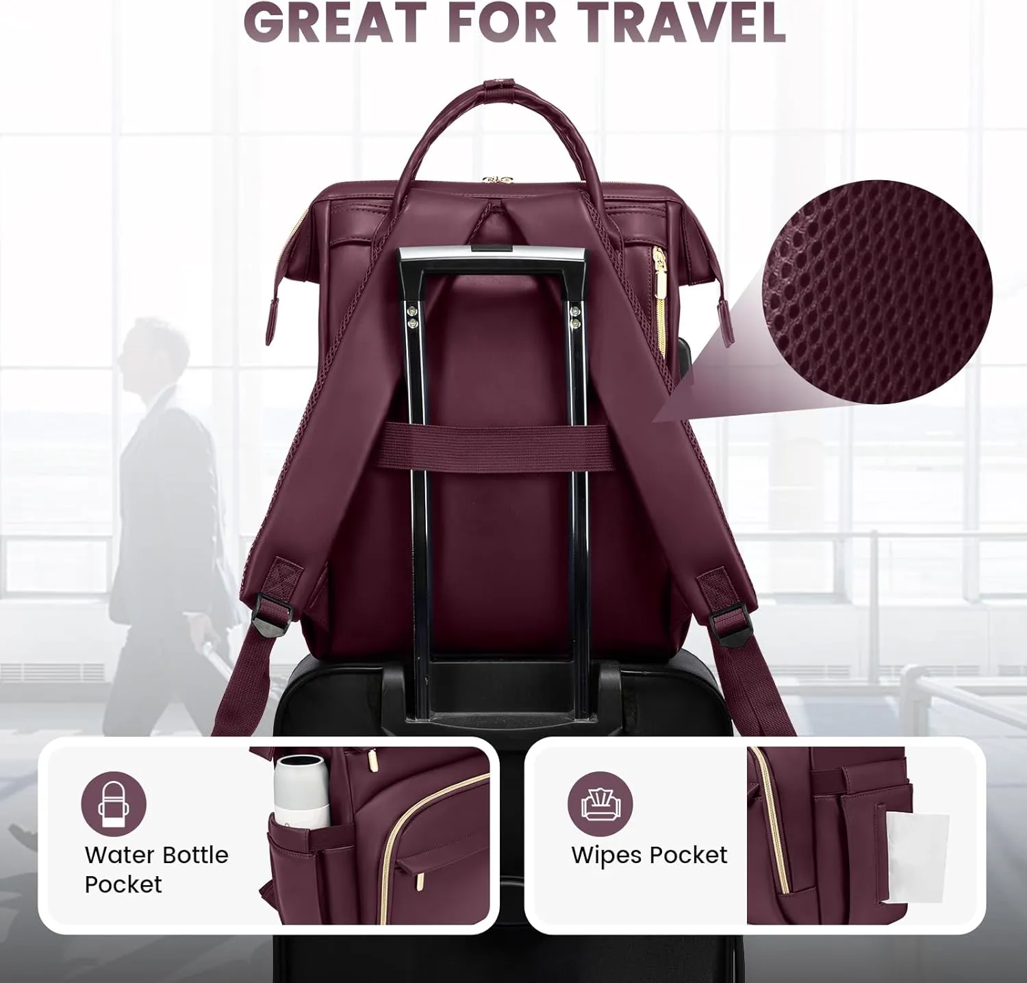 LOVEVOOK Leather Laptop Backpack for Women 15.6 inch, Travel Purse with USB Port, Wine Red