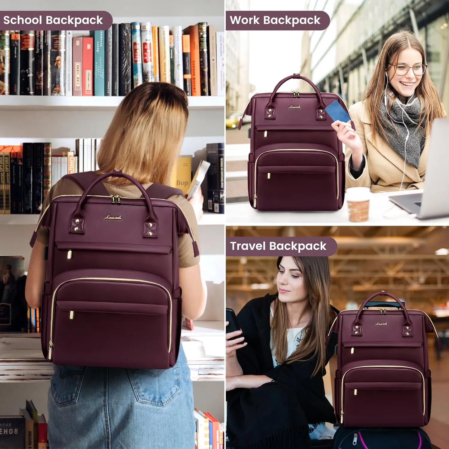 LOVEVOOK Leather Laptop Backpack for Women 15.6 inch, Travel Purse with USB Port, Wine Red