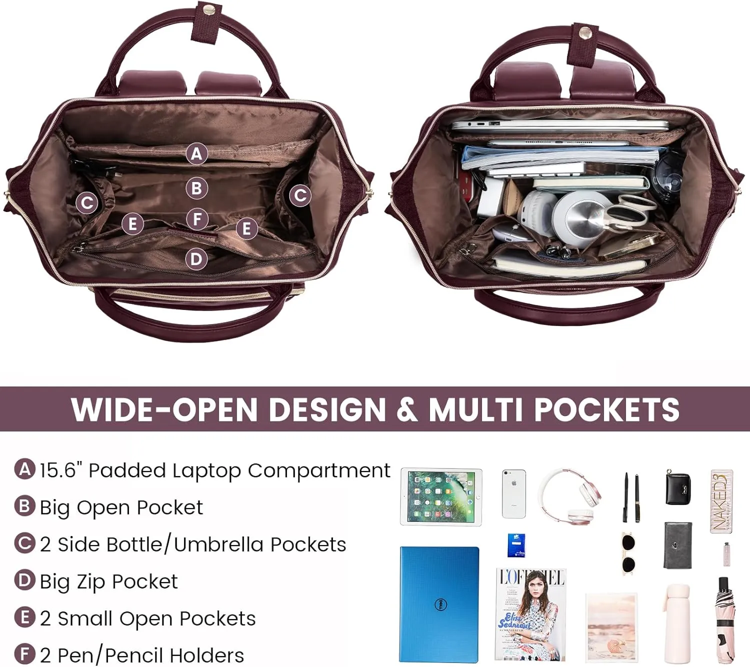 LOVEVOOK Leather Laptop Backpack for Women 15.6 inch, Travel Purse with USB Port, Wine Red