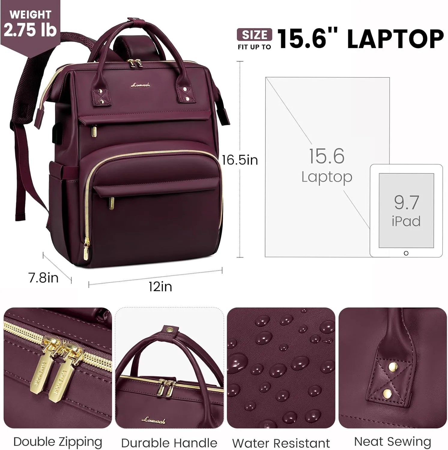 LOVEVOOK Leather Laptop Backpack for Women 15.6 inch, Travel Purse with USB Port, Wine Red
