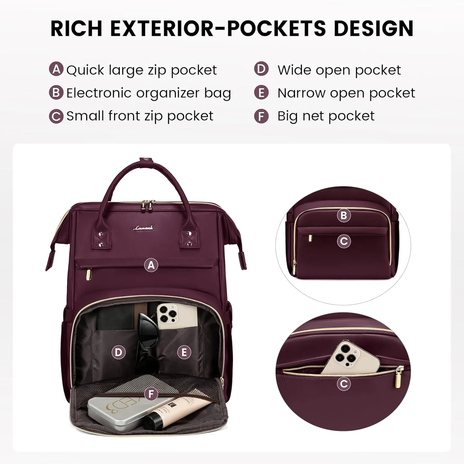 LOVEVOOK Leather Laptop Backpack for Women 15.6 inch, Travel Purse with USB Port, Wine Red