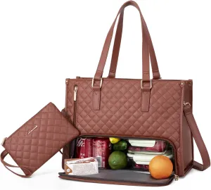 LOVEVOOK Lunch Tote Bag for Women, 15.6 Inch Laptop Bag with Insulated Lunch Compartment, Quilted Large Capacity Computer Handbag with Purse for Business, Work, Nurse, Collage, Office, Casual, Brown