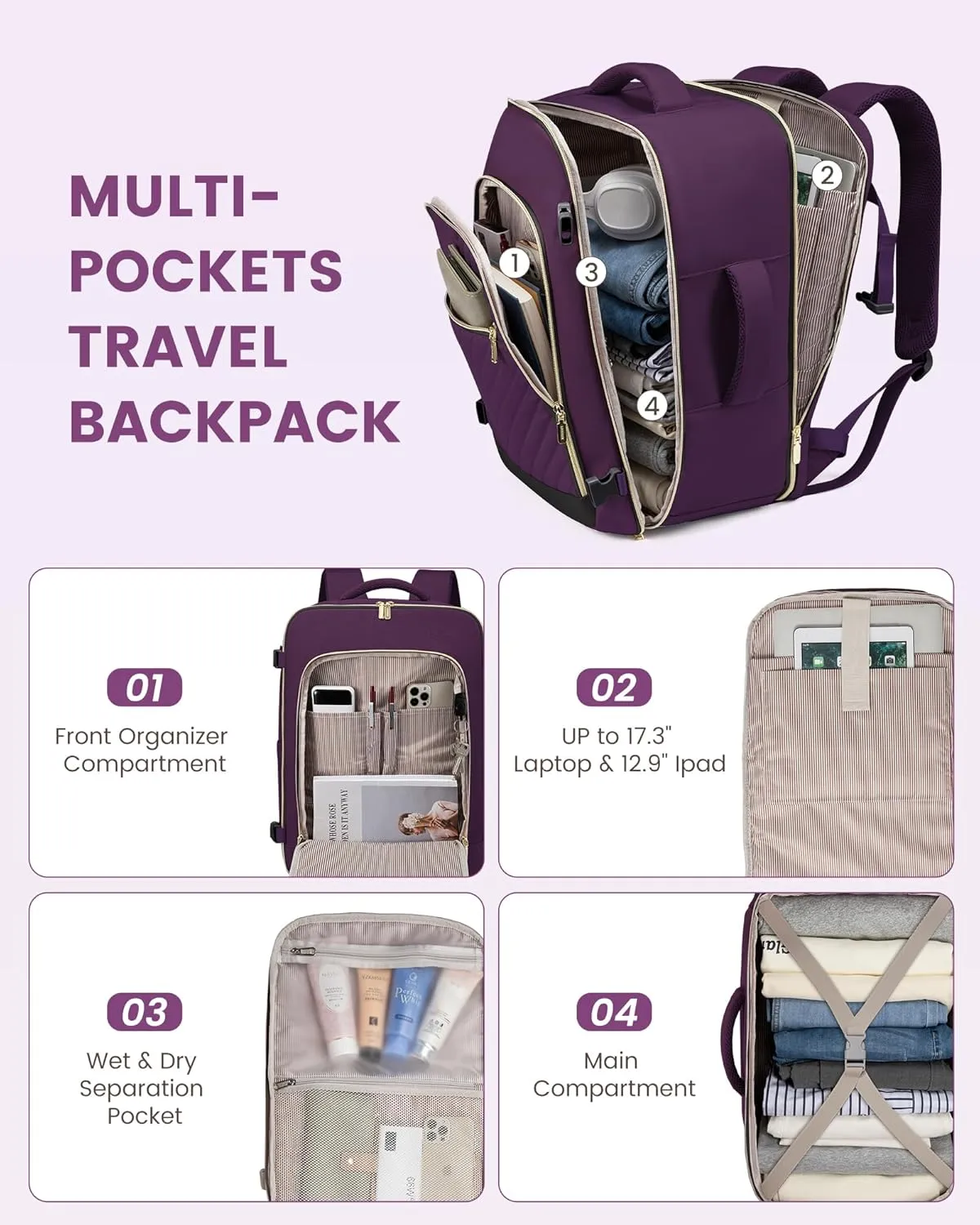 LOVEVOOK Travel Backpack For Women,40L Carry On Backpack Flight Approved,TSA Personal Item Travel Bag Fits 17 Inch Laptop,Business Weekender Overnight Daypack with 3 Packing Cubes