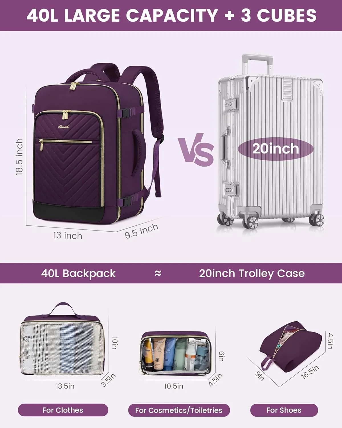 LOVEVOOK Travel Backpack For Women,40L Carry On Backpack Flight Approved,TSA Personal Item Travel Bag Fits 17 Inch Laptop,Business Weekender Overnight Daypack with 3 Packing Cubes