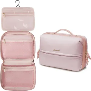 LOVEVOOK Travel Toiletry Bag With Hanging Hook for Women, Puffy Cosmetic Makeup Bag Organizer with Vegan Leather Handle for Accessories, Essentials, Toiletries, Pink