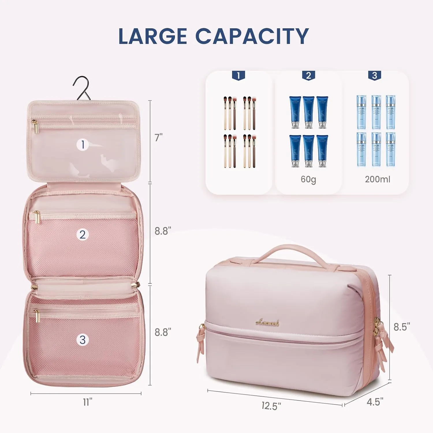 LOVEVOOK Travel Toiletry Bag With Hanging Hook for Women, Puffy Cosmetic Makeup Bag Organizer with Vegan Leather Handle for Accessories, Essentials, Toiletries, Pink