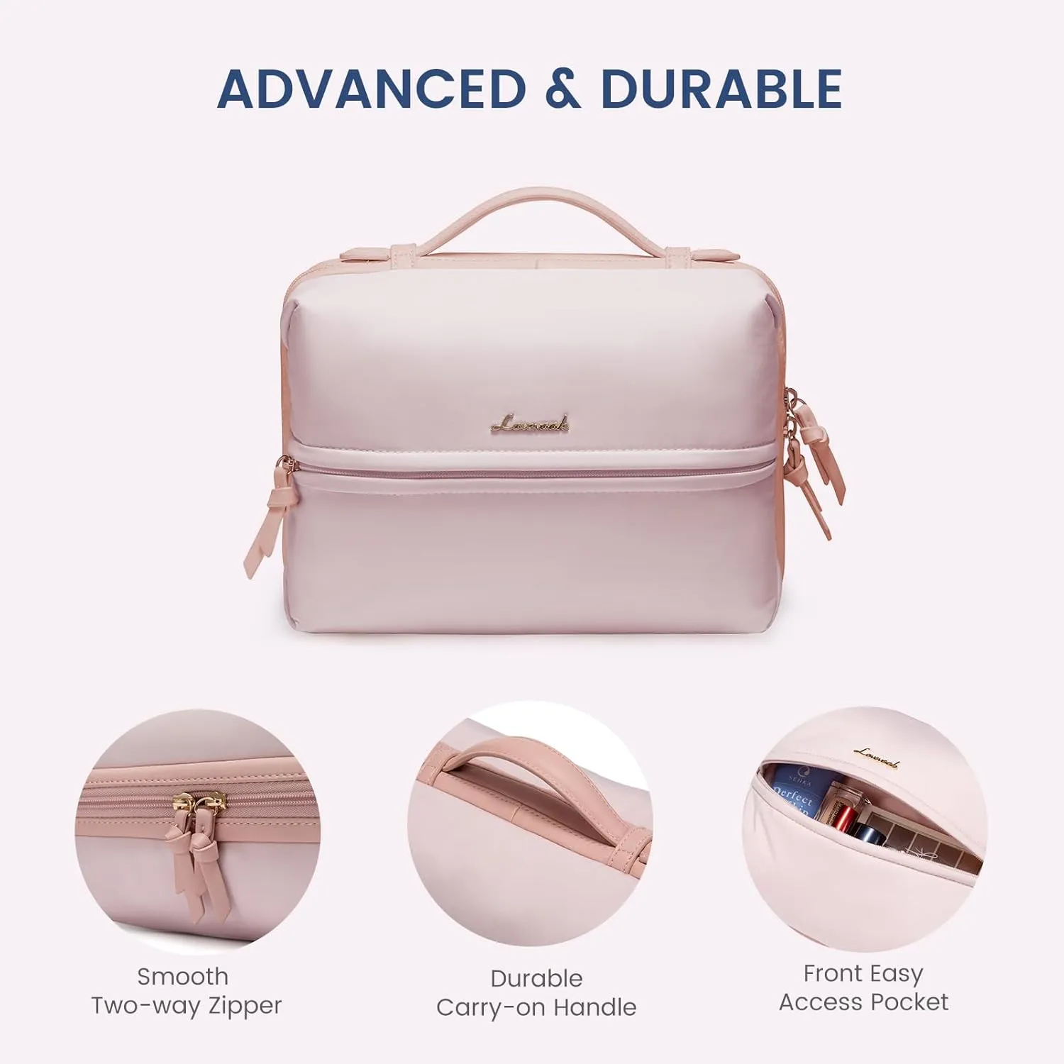 LOVEVOOK Travel Toiletry Bag With Hanging Hook for Women, Puffy Cosmetic Makeup Bag Organizer with Vegan Leather Handle for Accessories, Essentials, Toiletries, Pink