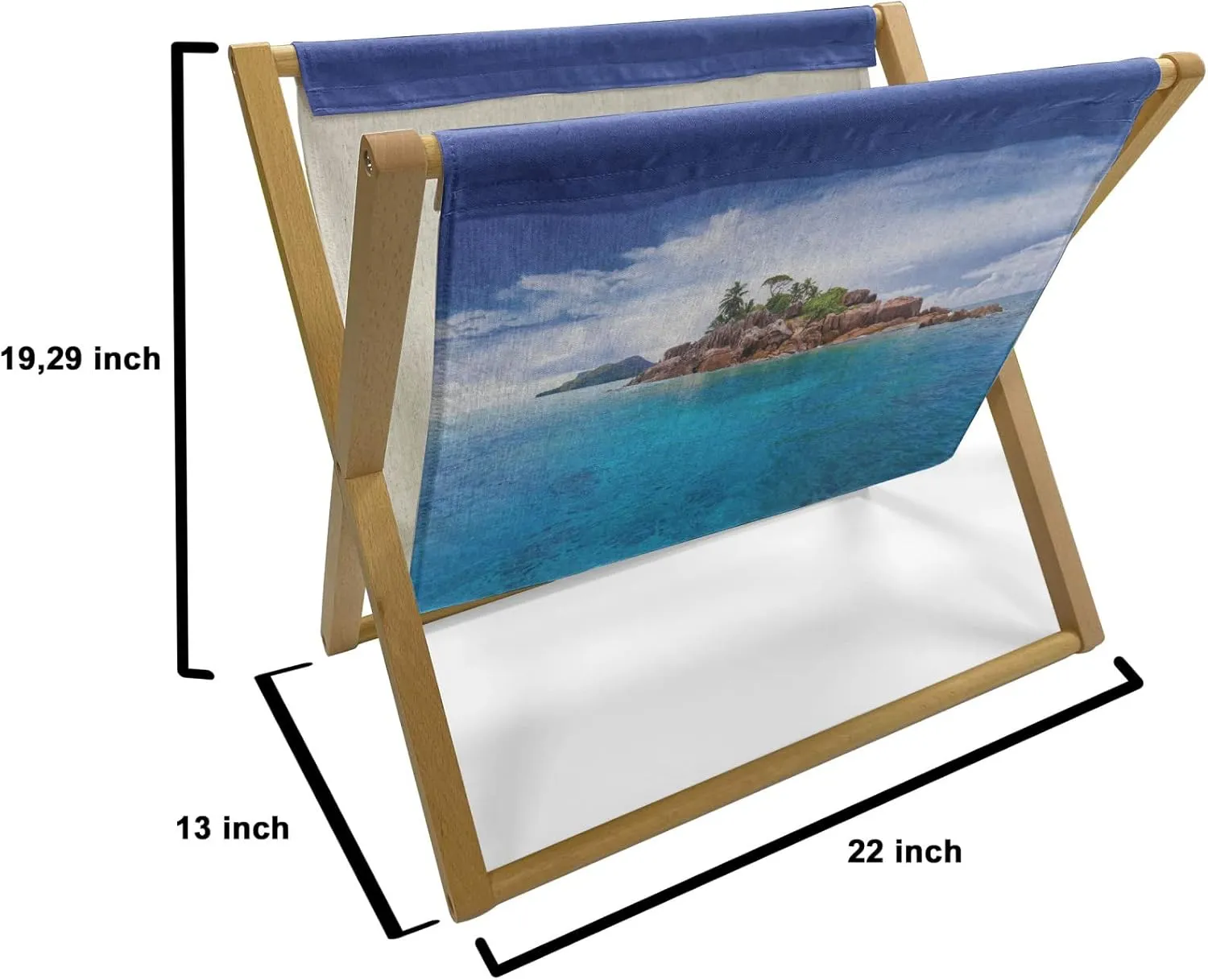 Lunarable Island Magazine and Book Holder, Island at Seychelles Coconut Journey Jungle Rocky Coast Waves Surface Print, Floor Rack Accent Living Room Office and School, 22" x 19", Blue Caramel Green