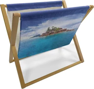 Lunarable Island Magazine and Book Holder, Island at Seychelles Coconut Journey Jungle Rocky Coast Waves Surface Print, Floor Rack Accent Living Room Office and School, 22" x 19", Blue Caramel Green