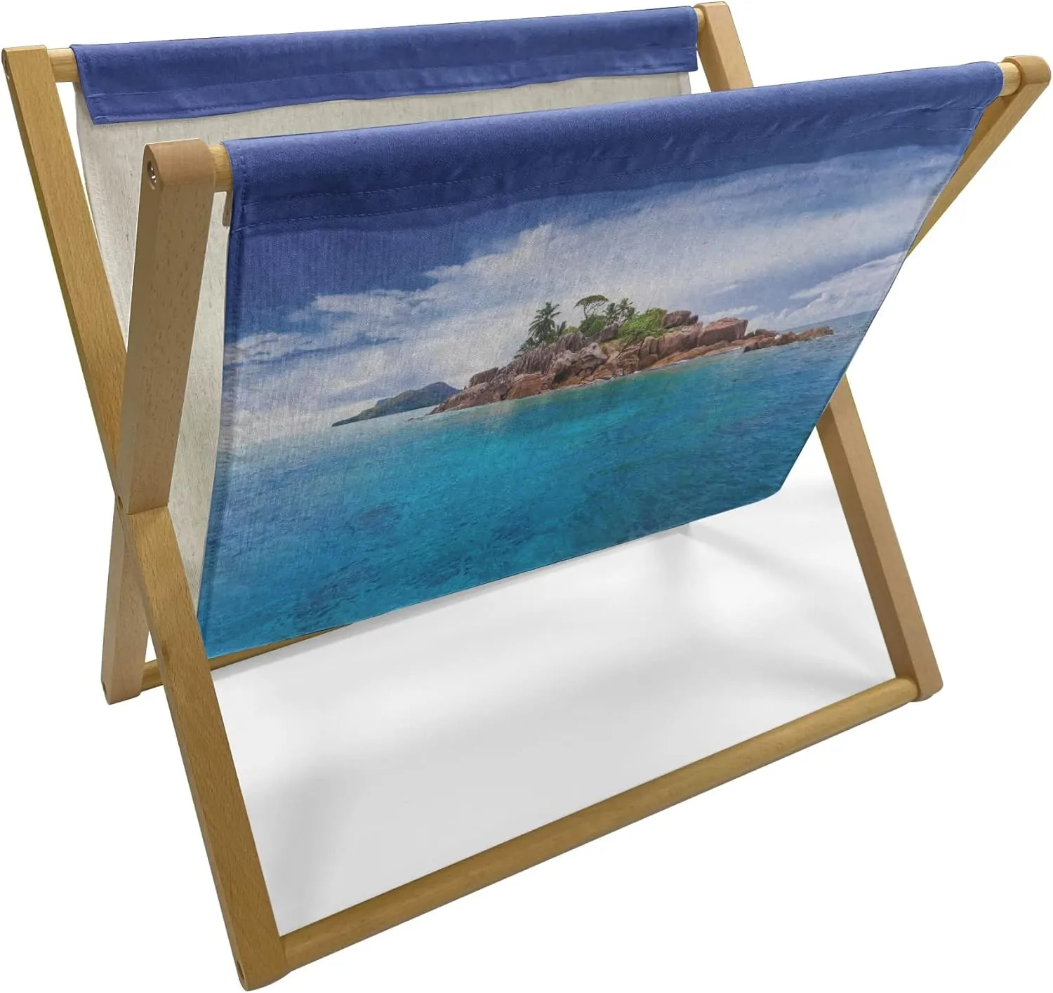 Lunarable Island Magazine and Book Holder, Island at Seychelles Coconut Journey Jungle Rocky Coast Waves Surface Print, Floor Rack Accent Living Room Office and School, 22" x 19", Blue Caramel Green