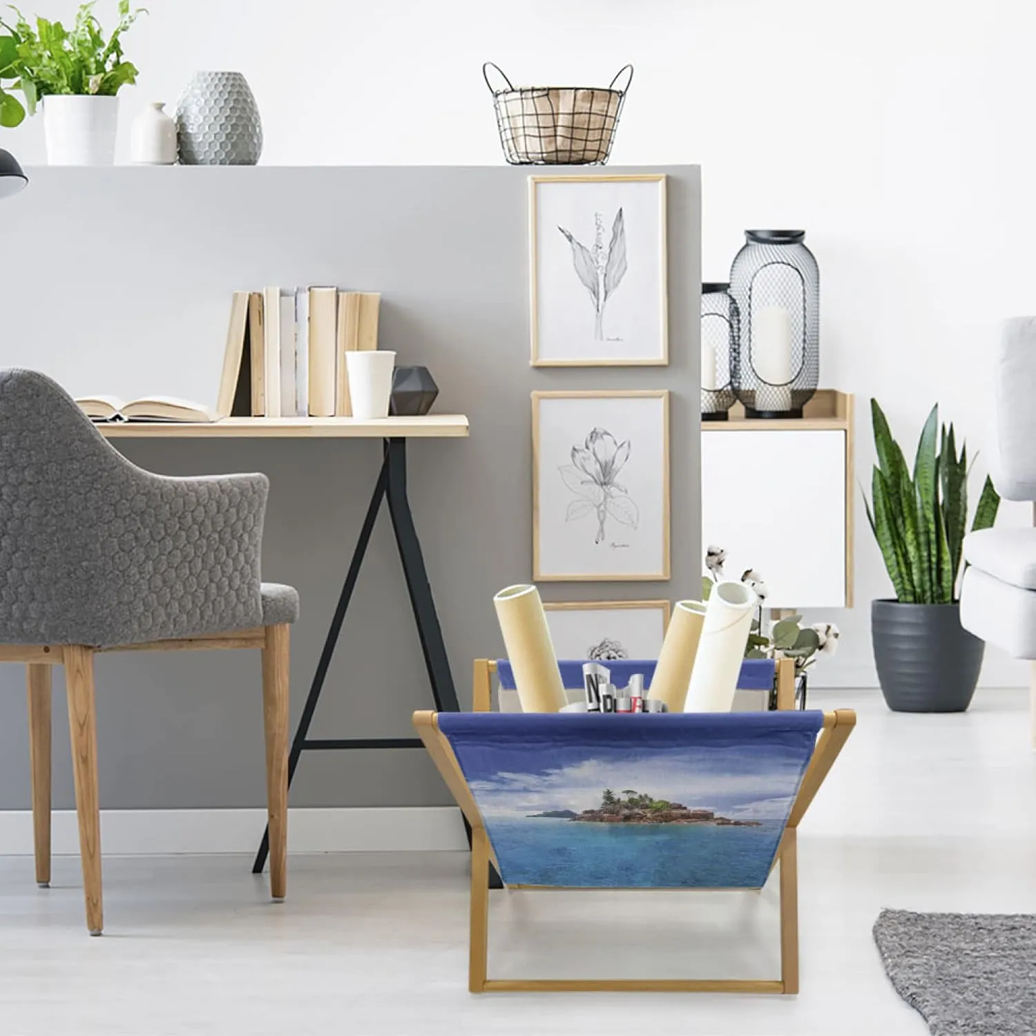 Lunarable Island Magazine and Book Holder, Island at Seychelles Coconut Journey Jungle Rocky Coast Waves Surface Print, Floor Rack Accent Living Room Office and School, 22" x 19", Blue Caramel Green