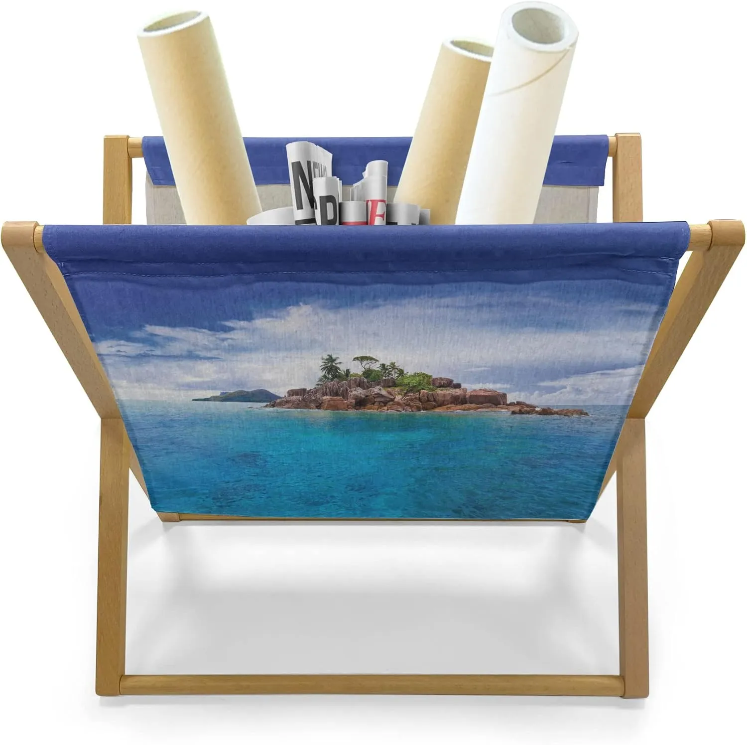 Lunarable Island Magazine and Book Holder, Island at Seychelles Coconut Journey Jungle Rocky Coast Waves Surface Print, Floor Rack Accent Living Room Office and School, 22" x 19", Blue Caramel Green