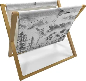 Lunarable Mountain Magazine and Book Holder, Grayscale Adventurous Soul of White Graceful Stork Watercolor Style Artwork, Floor Rack Organizer for Office Home and School, 22"x19", Dark Grey White