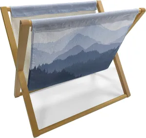 Lunarable Mountain Magazine and Book Holder, Silhouettes of Silent Hill Smokey Mysterious Forest Pine Cone Trees Art, Floor Rack Organizer for Office Home and School, 22"x19", Pale Ceil Blue Indigo