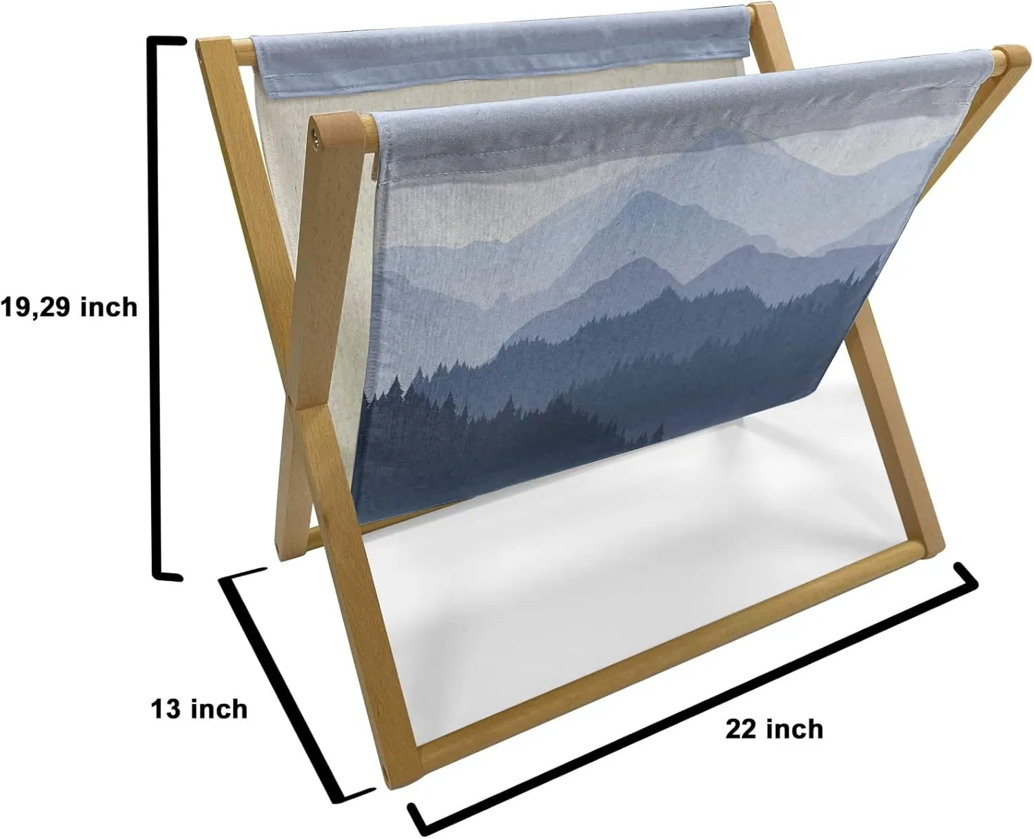 Lunarable Mountain Magazine and Book Holder, Silhouettes of Silent Hill Smokey Mysterious Forest Pine Cone Trees Art, Floor Rack Organizer for Office Home and School, 22"x19", Pale Ceil Blue Indigo