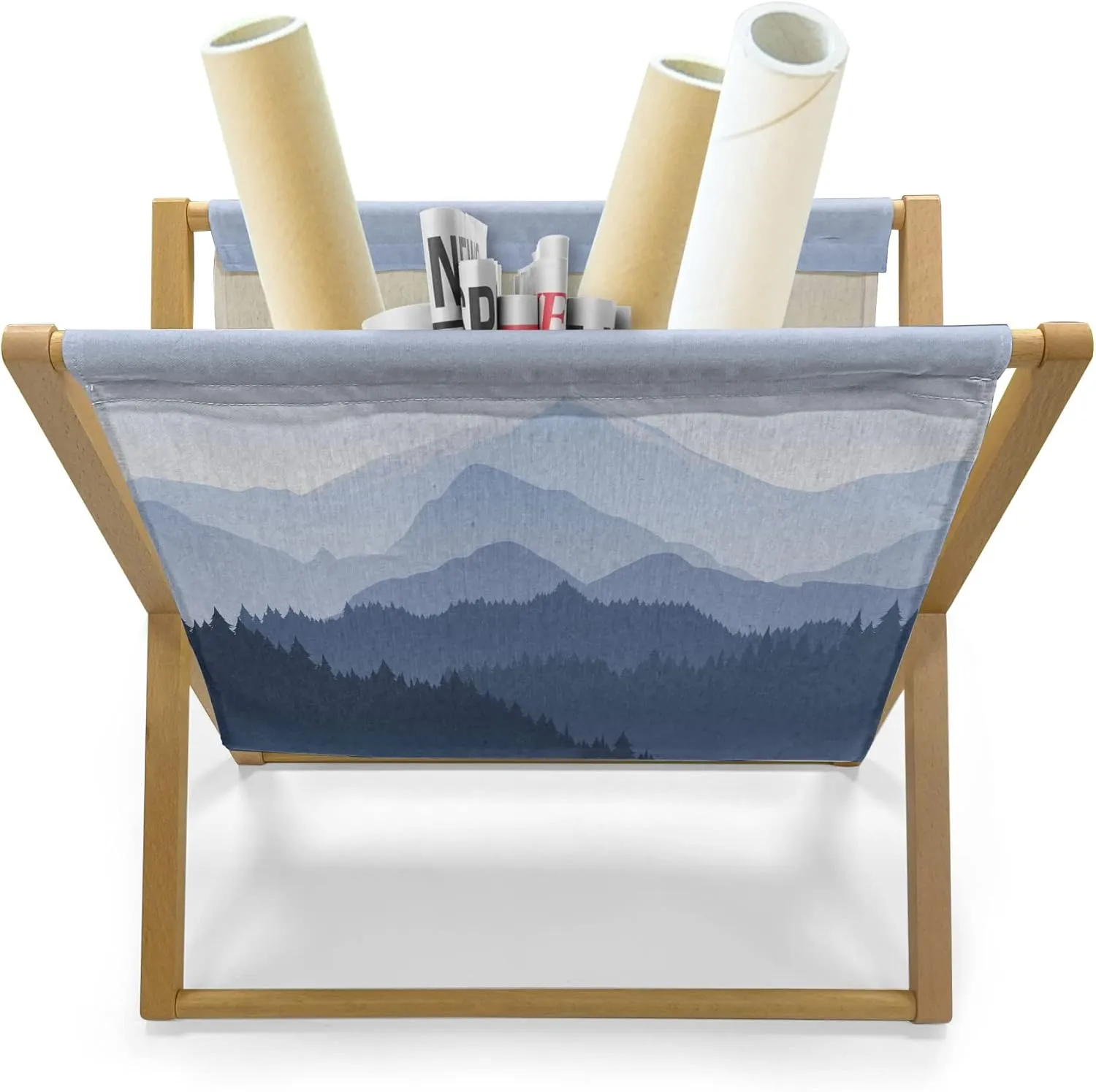 Lunarable Mountain Magazine and Book Holder, Silhouettes of Silent Hill Smokey Mysterious Forest Pine Cone Trees Art, Floor Rack Organizer for Office Home and School, 22"x19", Pale Ceil Blue Indigo