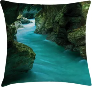 Lunarable Waterfall Throw Pillow Cushion Cover, Tolminka Alpine River Water and Caves Exotic Nature Travel Picture, Decorative Square Accent Pillow Case, 36" X 36", Turquoise Dark Green
