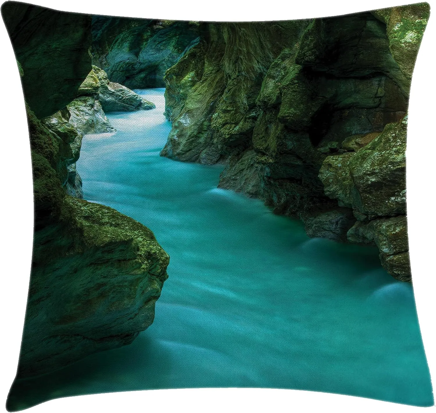 Lunarable Waterfall Throw Pillow Cushion Cover, Tolminka Alpine River Water and Caves Exotic Nature Travel Picture, Decorative Square Accent Pillow Case, 36" X 36", Turquoise Dark Green