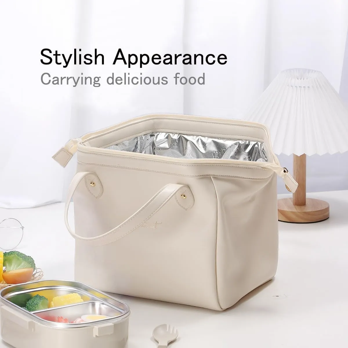 Lunch Bag for Women, Leather Cooler Tote Bag, Large Insulated Reusable Lunch Bag for Adult