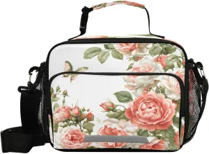 Lunch Bag for Women Men Coral Flower Pink Butterfly Pattern Reusable Tote Bag Cooler Bag Insulated Lunch Box with Adjustable Shoulder Strap Portable Handbag