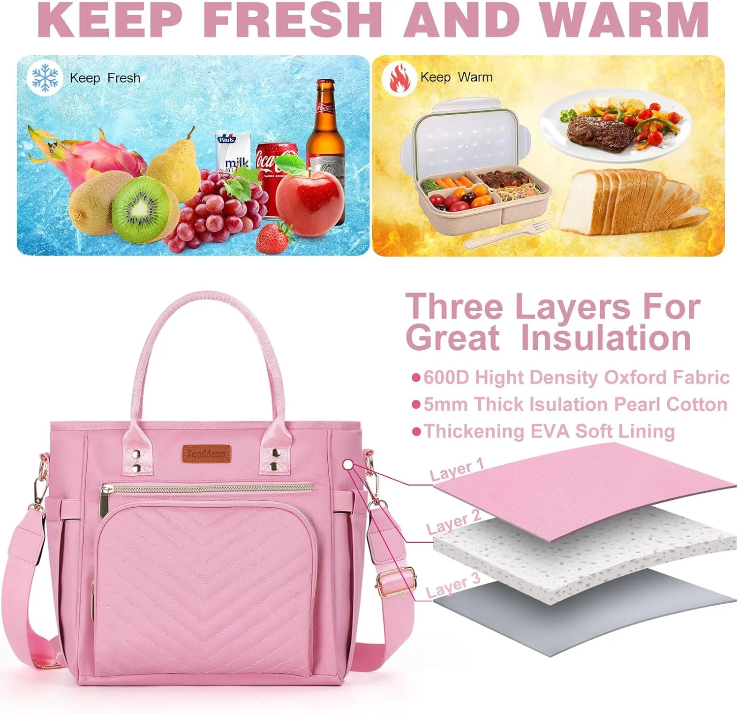 Lunch Bag for Women,Lunch Box for Women Wen Adults Insulated Lunch Bag with Shoulder Strap,Portable Reusable Large Cooler Tote Bags for Work Picnic Hiking Beach (pink)