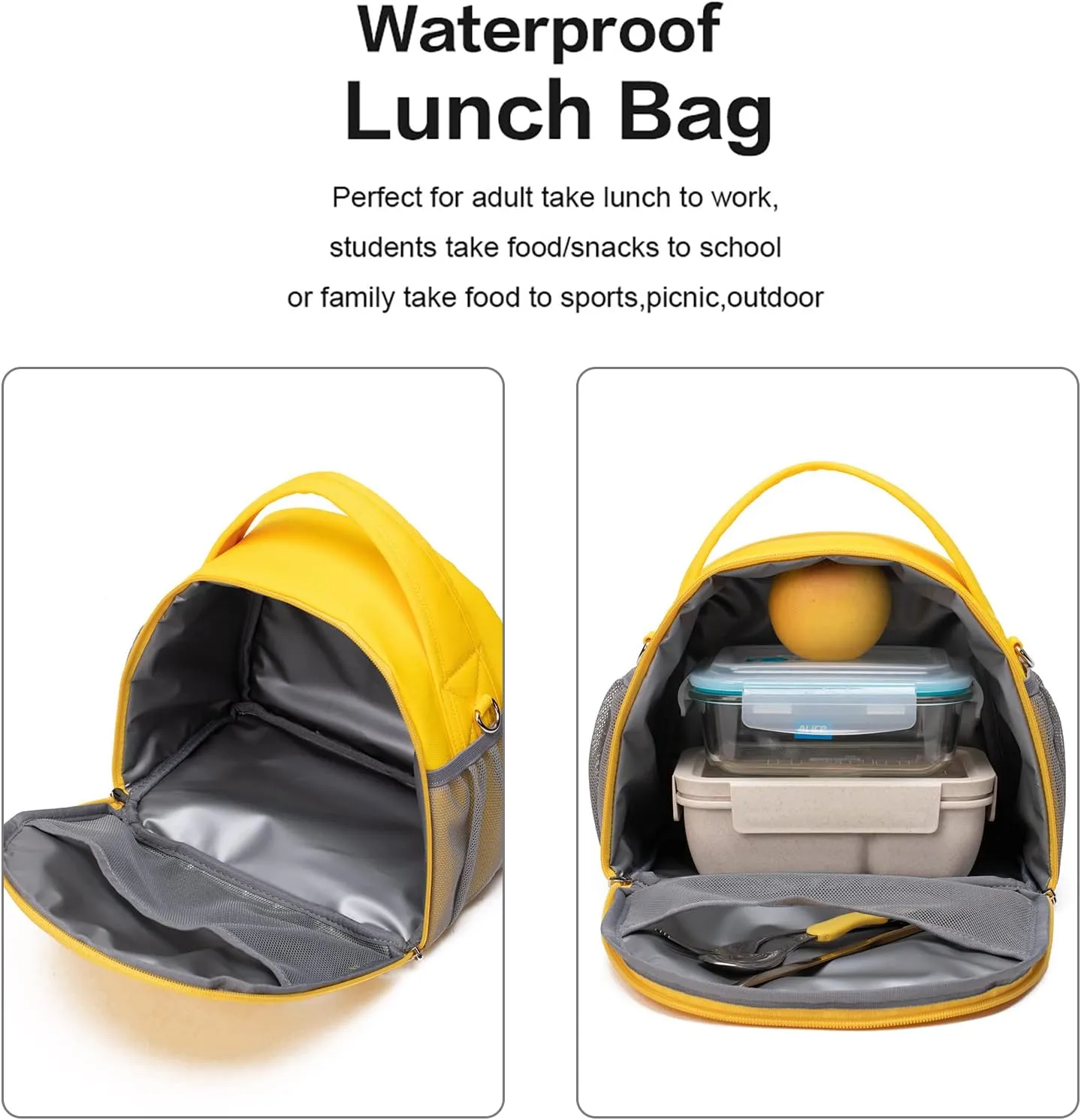 Lunch Bag Insulated Cooler Bag for Women Nylon Waterproof Lightweight Lunch Box Organiser (Yellow)