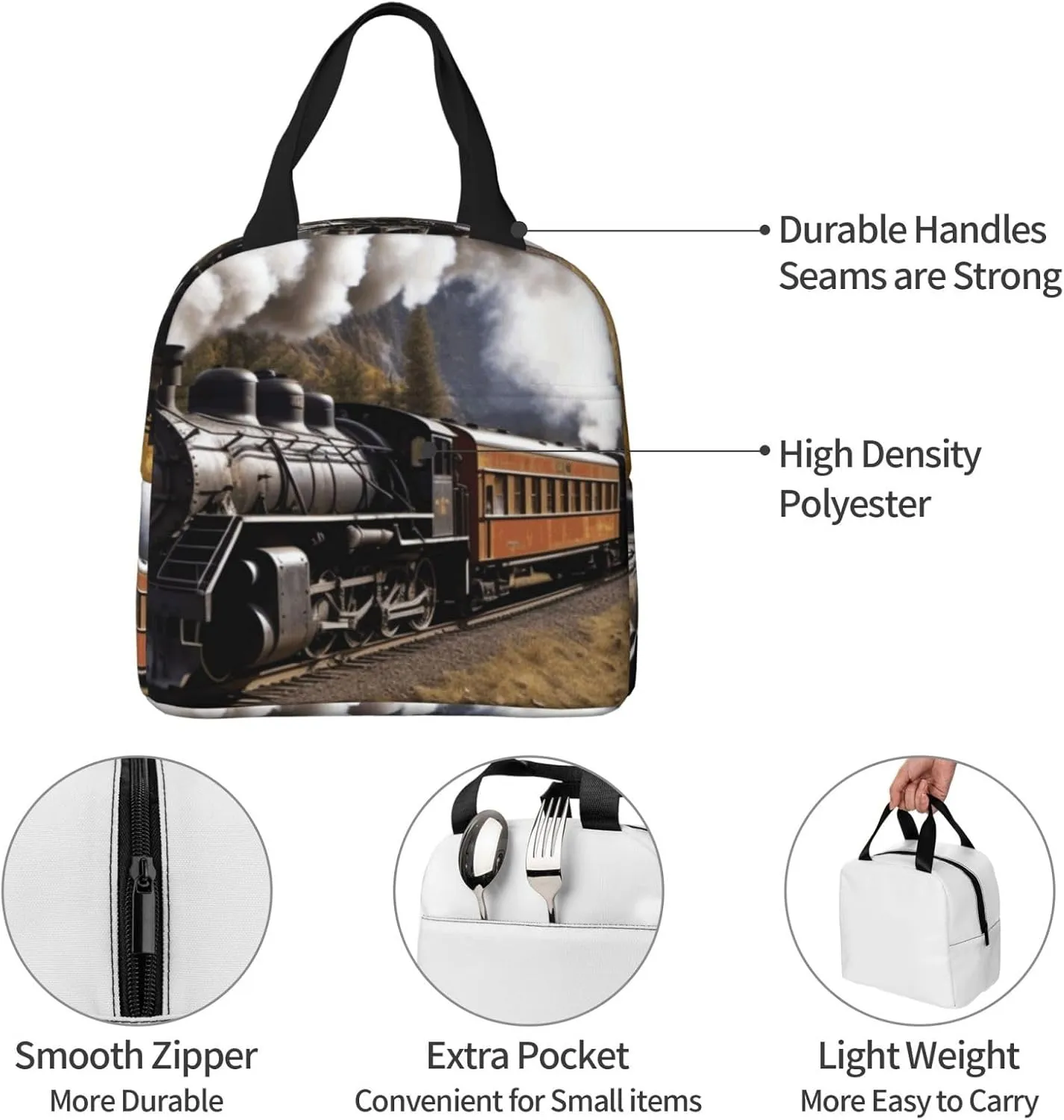 Lunch Bag Insulated Lunch Box for Women Men Steam Locomotive Train_76680229 Reusable Lunch Tote Bag for Work Picnic Travel