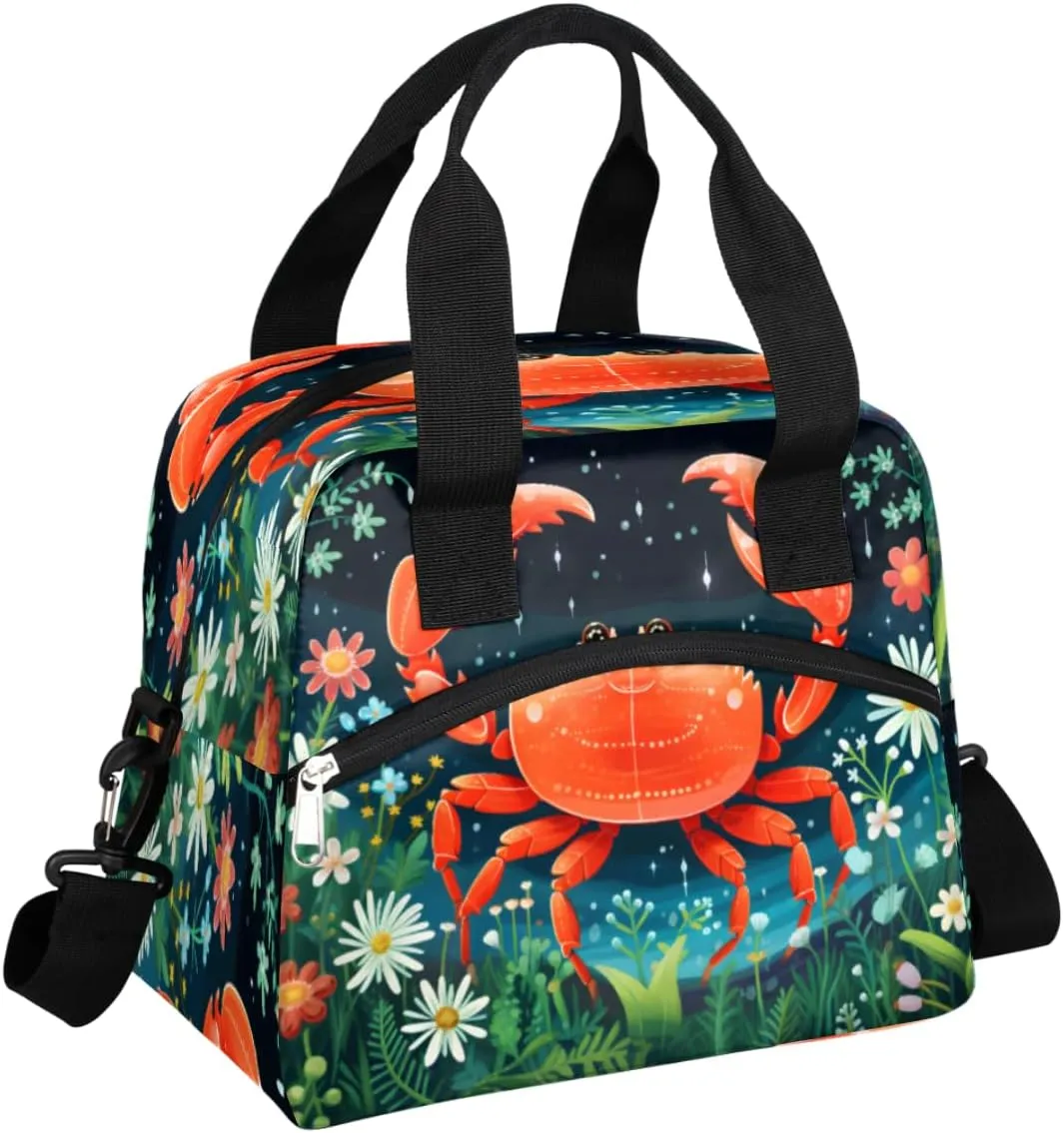 Lunch Bag Women Crab Red Insulated Lunch Bag Men Lunch Box Waterproof Thermal Cooler Tote Bags with Shoulder Strap Underwater Crab Lunch Tote Bag for Work, Picnic, Travel for Adult