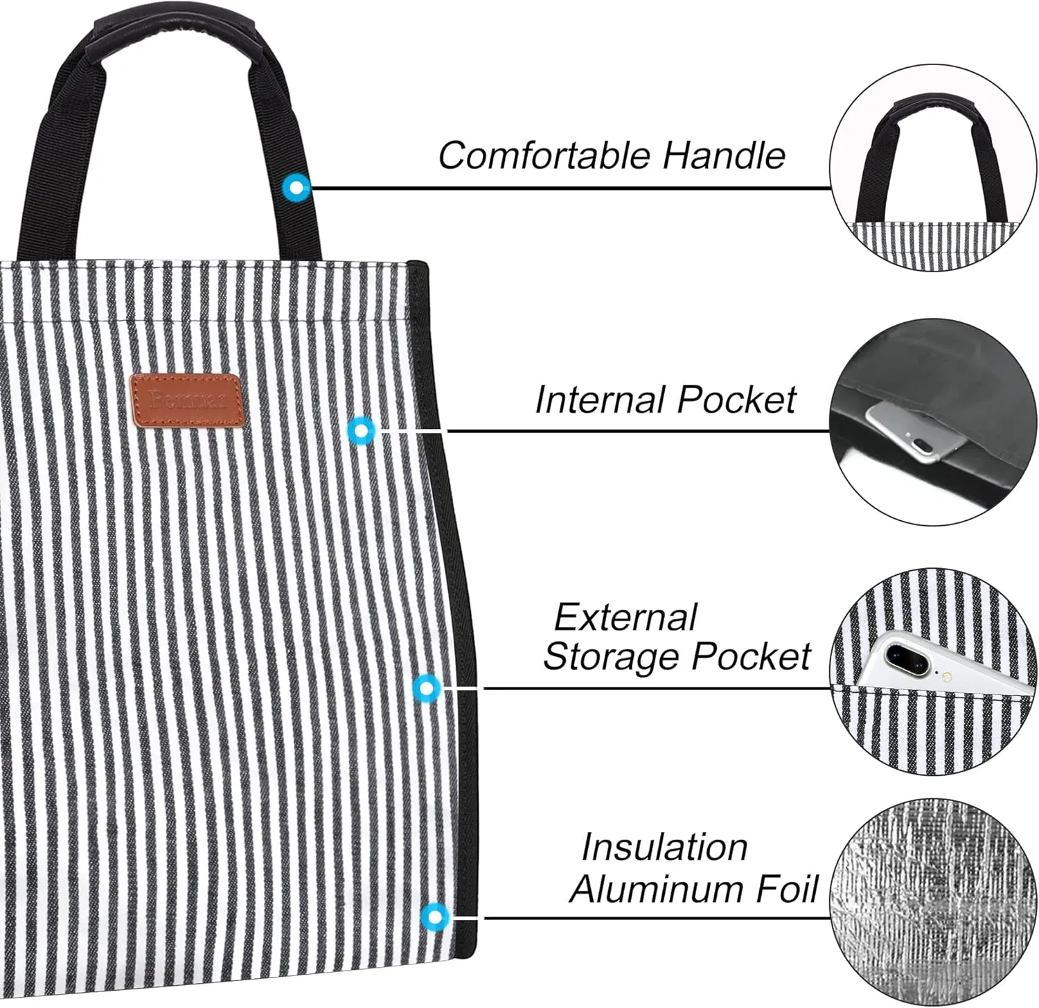 Lunch Bags for Women Insulated Reusable Lunch Tote with Internal Pocket, Lunch Tote bag for Work (Stripe)
