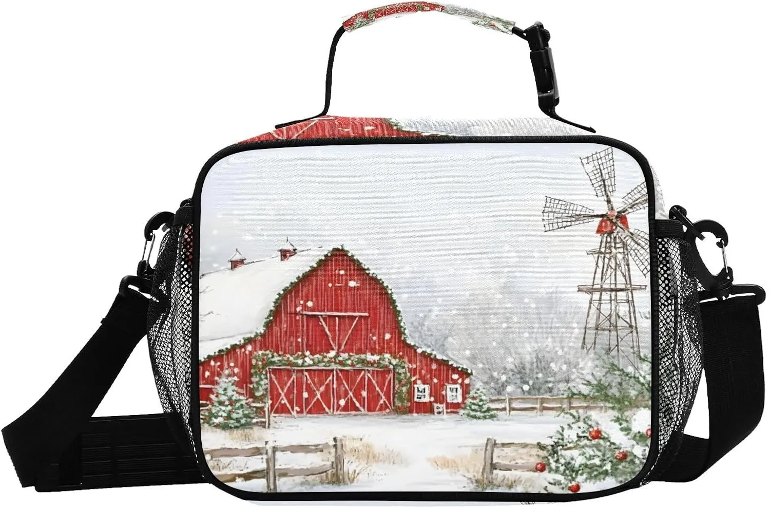 Lunch Box Barn Windmill Winter for Men Women Insulated Lunch Bag for Travel, Work, Picnic, Reusable Cooler Tote Bag with Adjustable Shoulder Strap