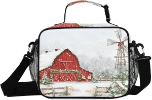 Lunch Box Barn Windmill Winter for Men Women Insulated Lunch Bag for Travel, Work, Picnic, Reusable Cooler Tote Bag with Adjustable Shoulder Strap