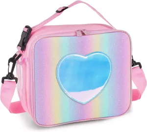 Lunch Box for Kids Girls, Insulated Rainbow Tote Bag Leakproof Thermal Cooler Reusable Lunch Bag for School Office Outdoor (Pink with Strap)