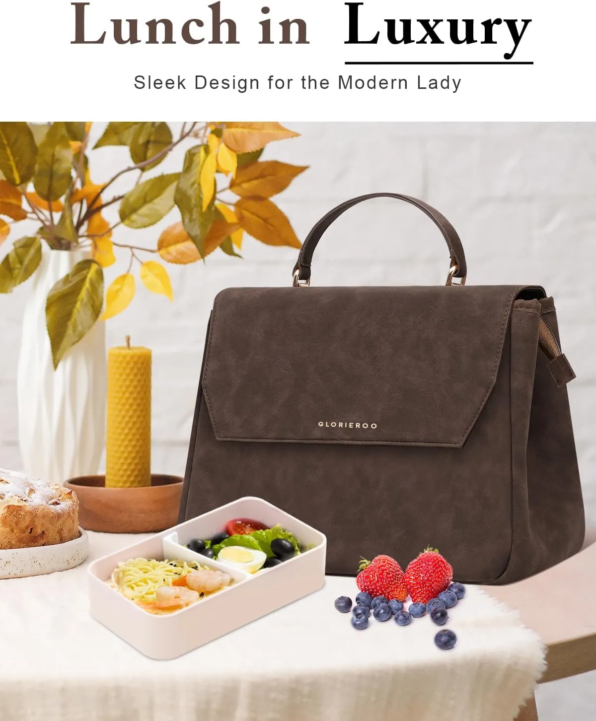 Luxury Lunch Bag Women - Adult Fashion Stylish Vegan Leather Insulated Leakproof Lunch Box with Removable Strap for Work - Teacher Mothers Day Christmas Gifts for Women
