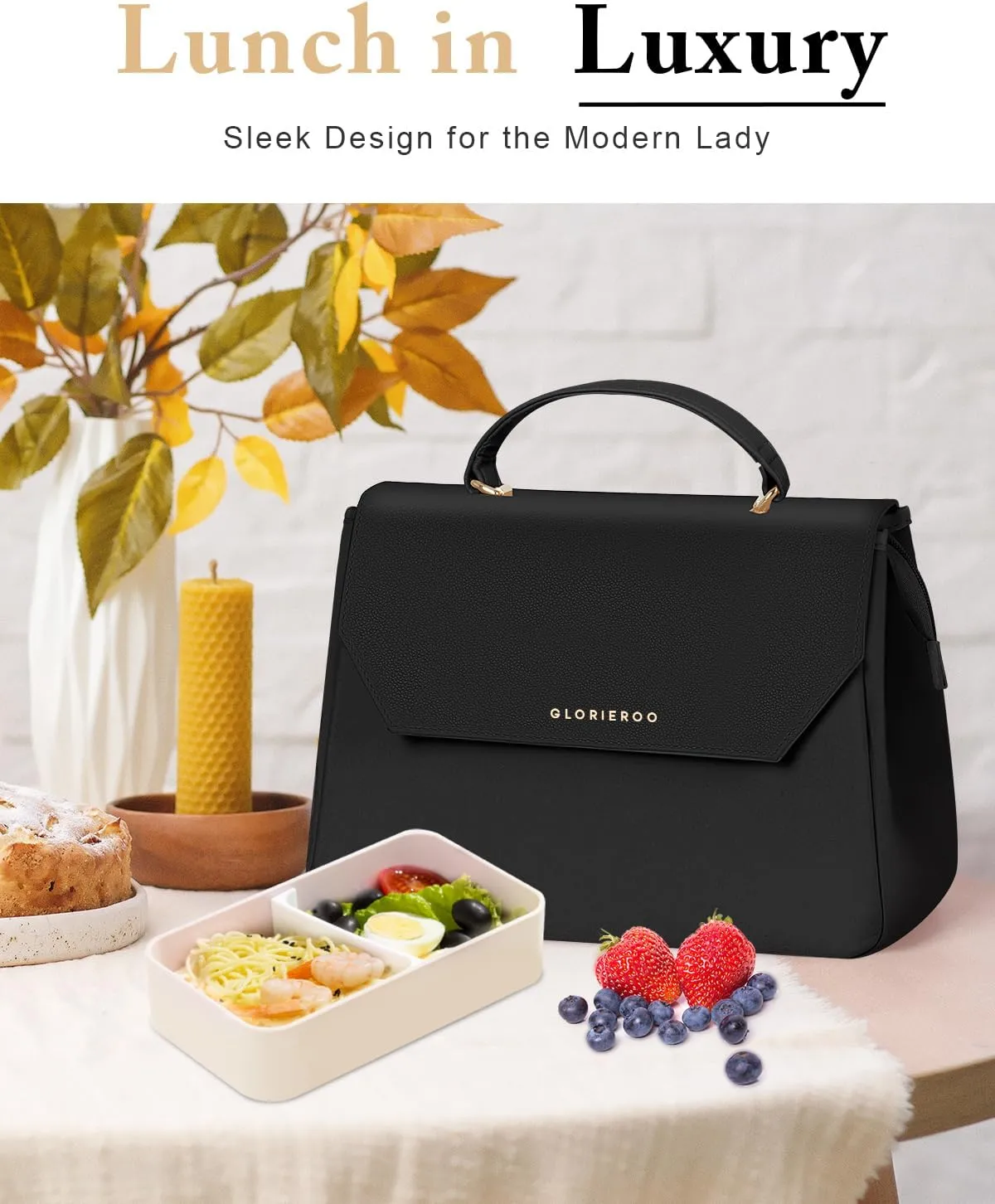Luxury Lunch Bag Women - Adult Fashion Stylish Vegan Leather Insulated Leakproof Lunch Box with Removable Strap for Work - Teacher Mothers Day Christmas Gifts for Women