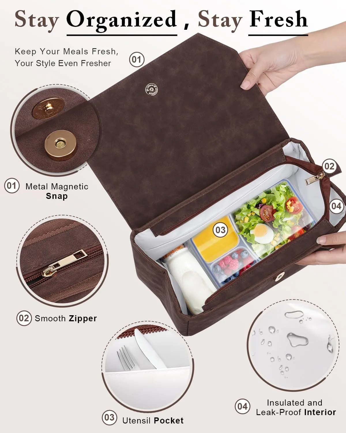 Luxury Lunch Bag Women - Adult Fashion Stylish Vegan Leather Insulated Leakproof Lunch Box with Removable Strap for Work - Teacher Mothers Day Christmas Gifts for Women