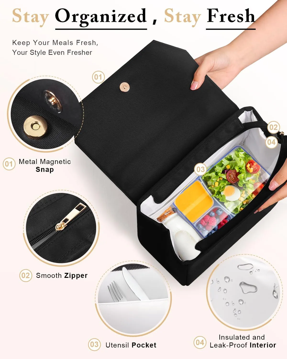 Luxury Lunch Bag Women - Adult Fashion Stylish Vegan Leather Insulated Leakproof Lunch Box with Removable Strap for Work - Teacher Mothers Day Christmas Gifts for Women