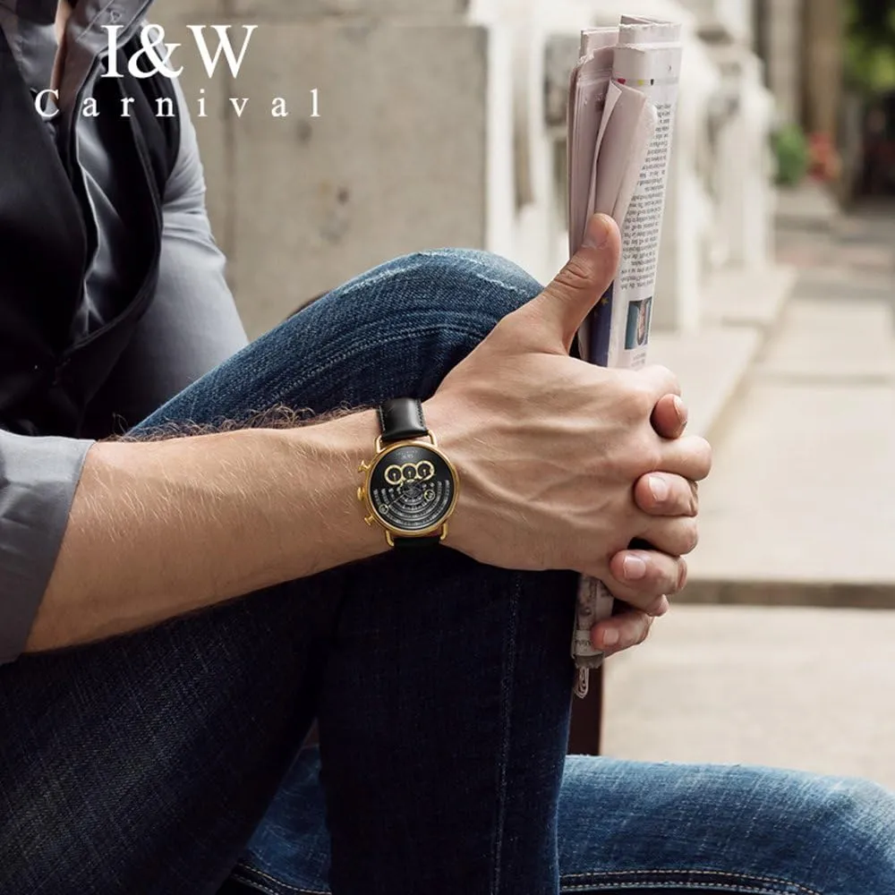 Luxury Men's Big Dial Chronograph Sapphire Glass Waterproof Quartz Black Leather Gold Watches
