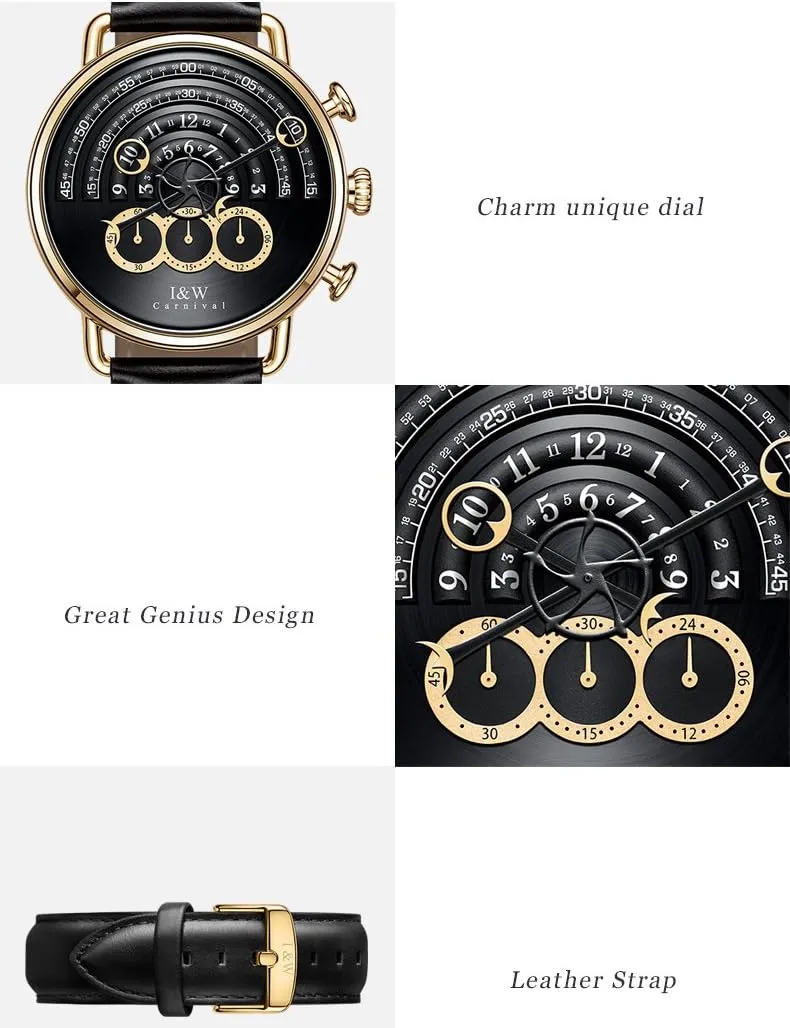Luxury Men's Big Dial Chronograph Sapphire Glass Waterproof Quartz Black Leather Gold Watches