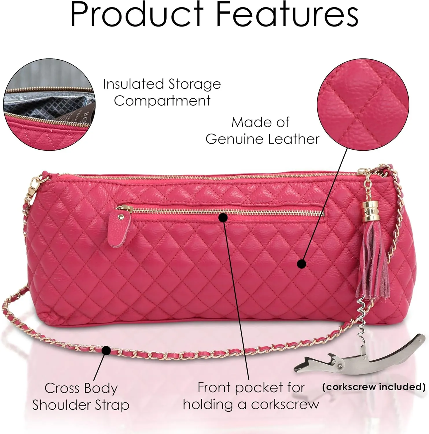 Luxury Wine Tote Travel Bag/Genuine Leather/Insulated Wine Bag Cross Body Carrier/Insulated Lining with Easy to Carry Shoulder Strap/Corkscrew Included/Great Gift (Pink)