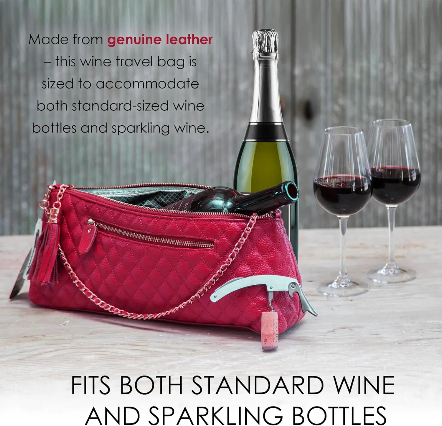 Luxury Wine Tote Travel Bag/Genuine Leather/Insulated Wine Bag Cross Body Carrier/Insulated Lining with Easy to Carry Shoulder Strap/Corkscrew Included/Great Gift (Pink)