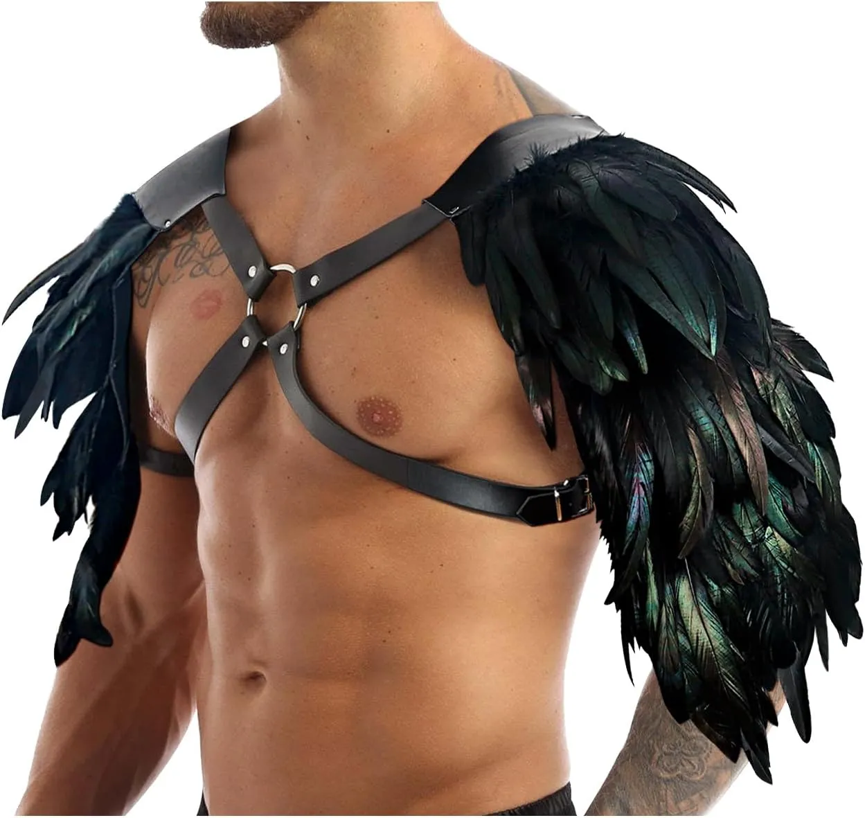 L'VOW Gothic Feather Shoulder Armor for Men Leather Harness Medieval Guards Halloween Cosplay Costume