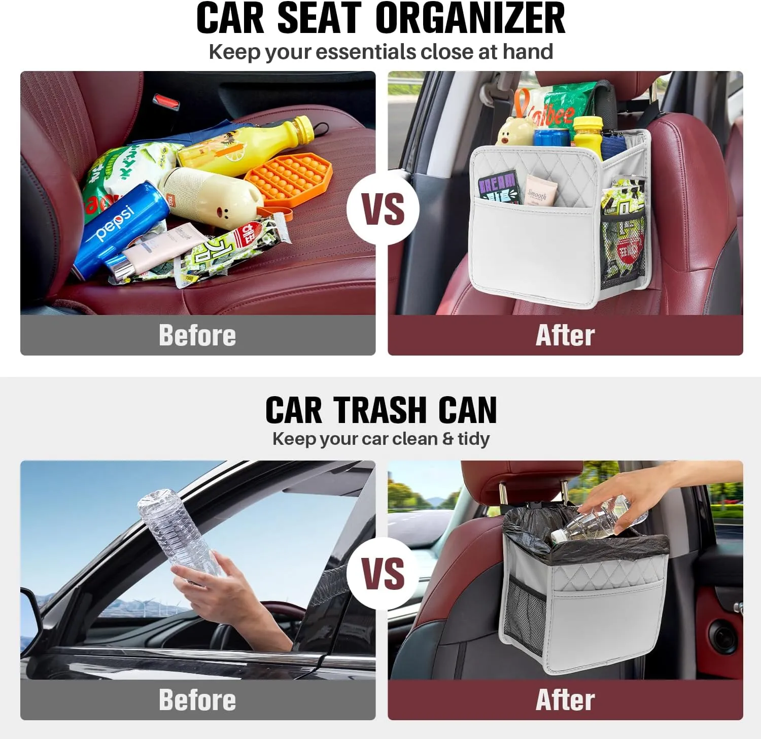 LXUNYI Car Seat Organizer, Updated Large Leather Backseat Car Organizer with Cup Holders Multifunctional Over the Car Seat Storage Organizer Bag Hanging Car Seat Back Organizers for Kids (Gray 2Pack)