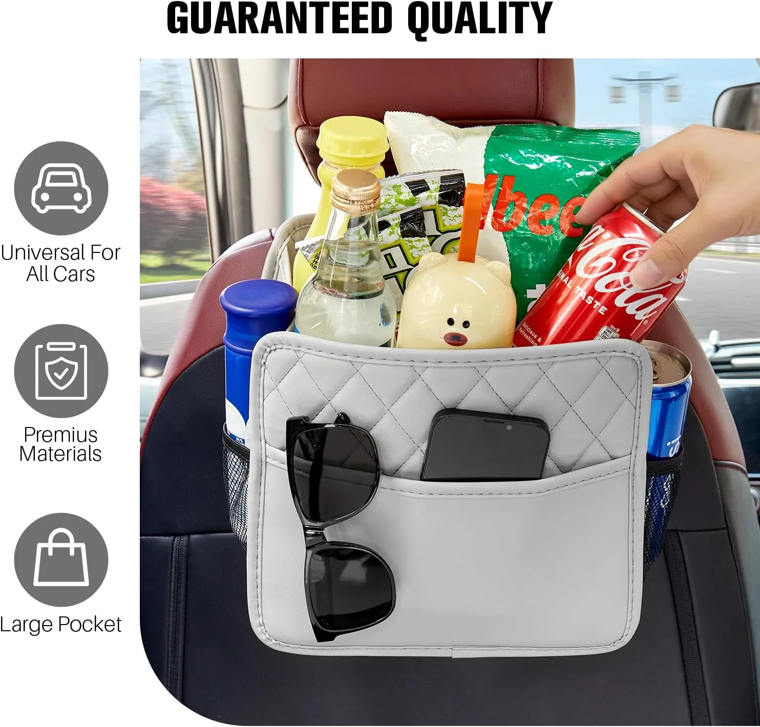 LXUNYI Car Seat Organizer, Updated Large Leather Backseat Car Organizer with Cup Holders Multifunctional Over the Car Seat Storage Organizer Bag Hanging Car Seat Back Organizers for Kids (Gray 2Pack)