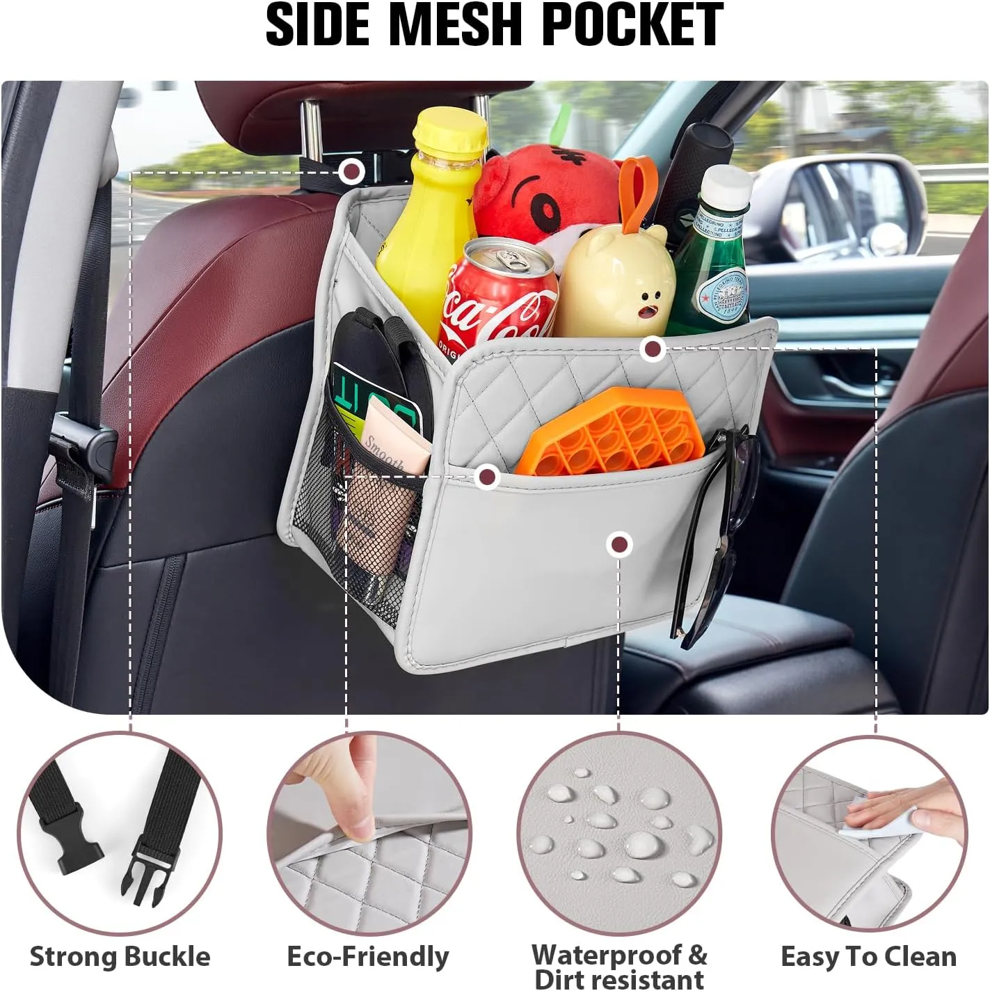 LXUNYI Car Seat Organizer, Updated Large Leather Backseat Car Organizer with Cup Holders Multifunctional Over the Car Seat Storage Organizer Bag Hanging Car Seat Back Organizers for Kids (Gray 2Pack)