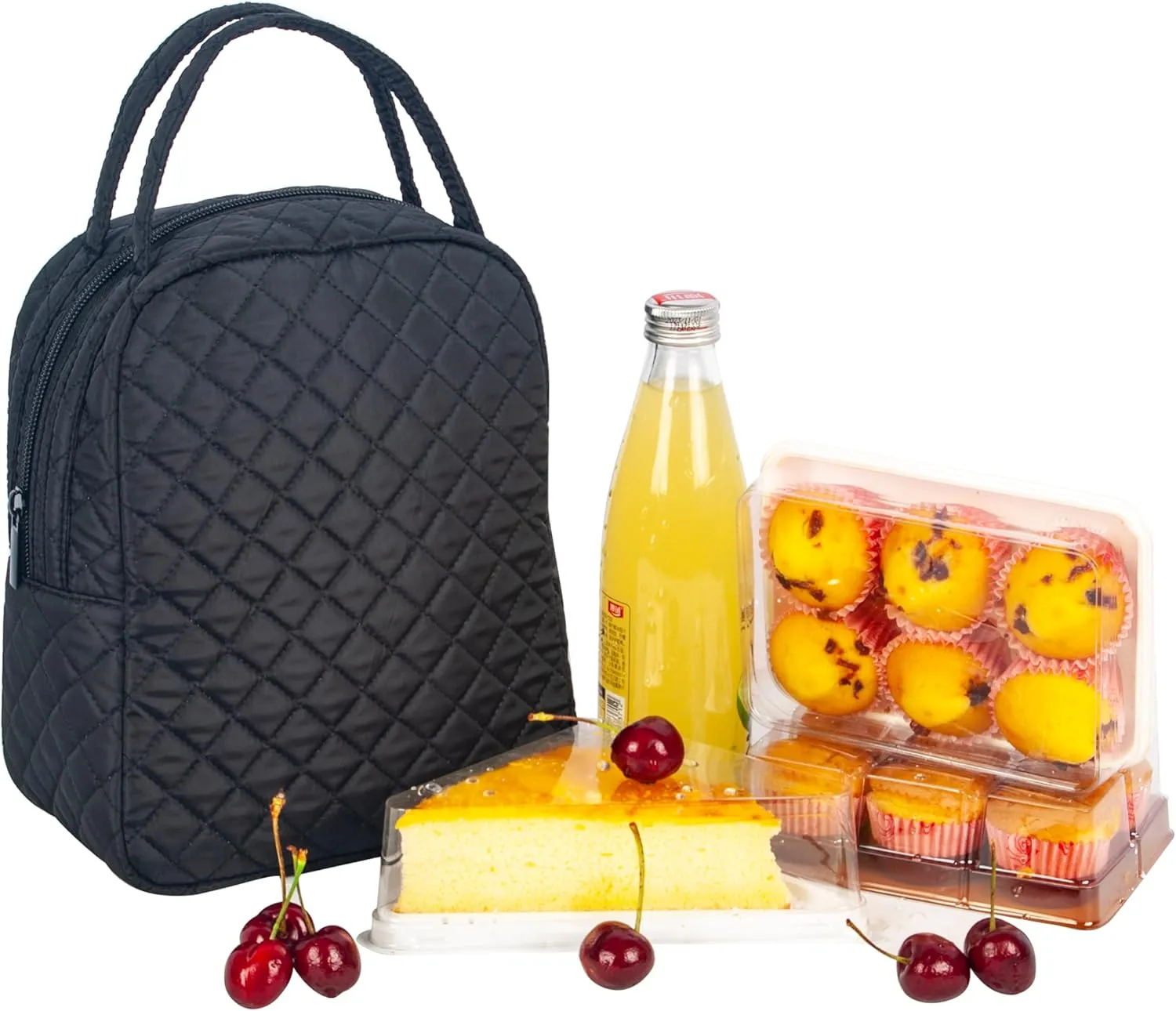 Machine Washable Women Cute Quilted Fabric Insulated Reusable Cooler Lunch Tote Bag Adult Thermal Lunch Box Storage Bag for work,Picnic, Beach (Black)